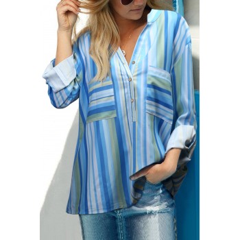 Blue Stripes Printed Dyed Loose Blouse Yellow